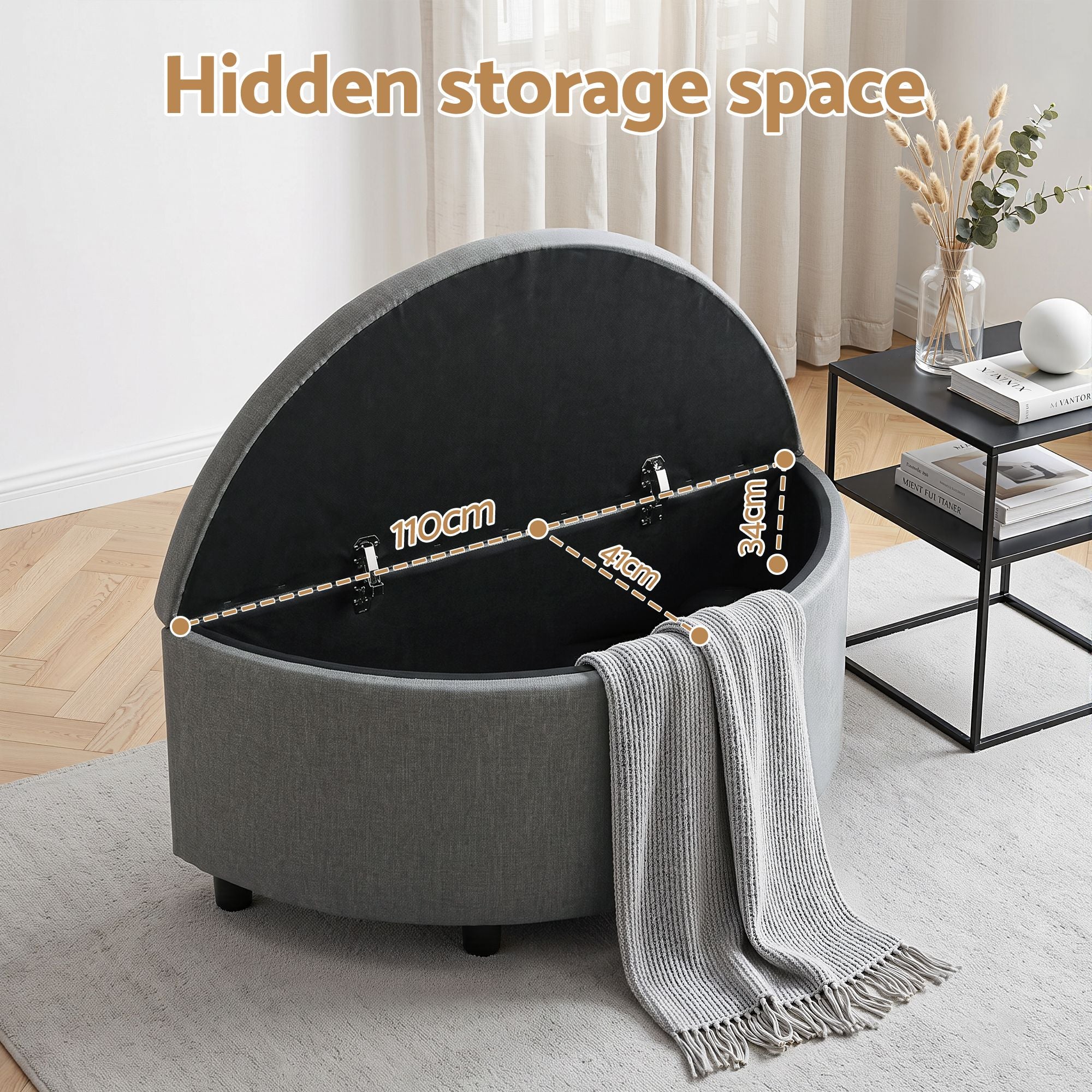Storage Ottoman Bench Linen Fabric Tufted Half Round Footstool Grey
