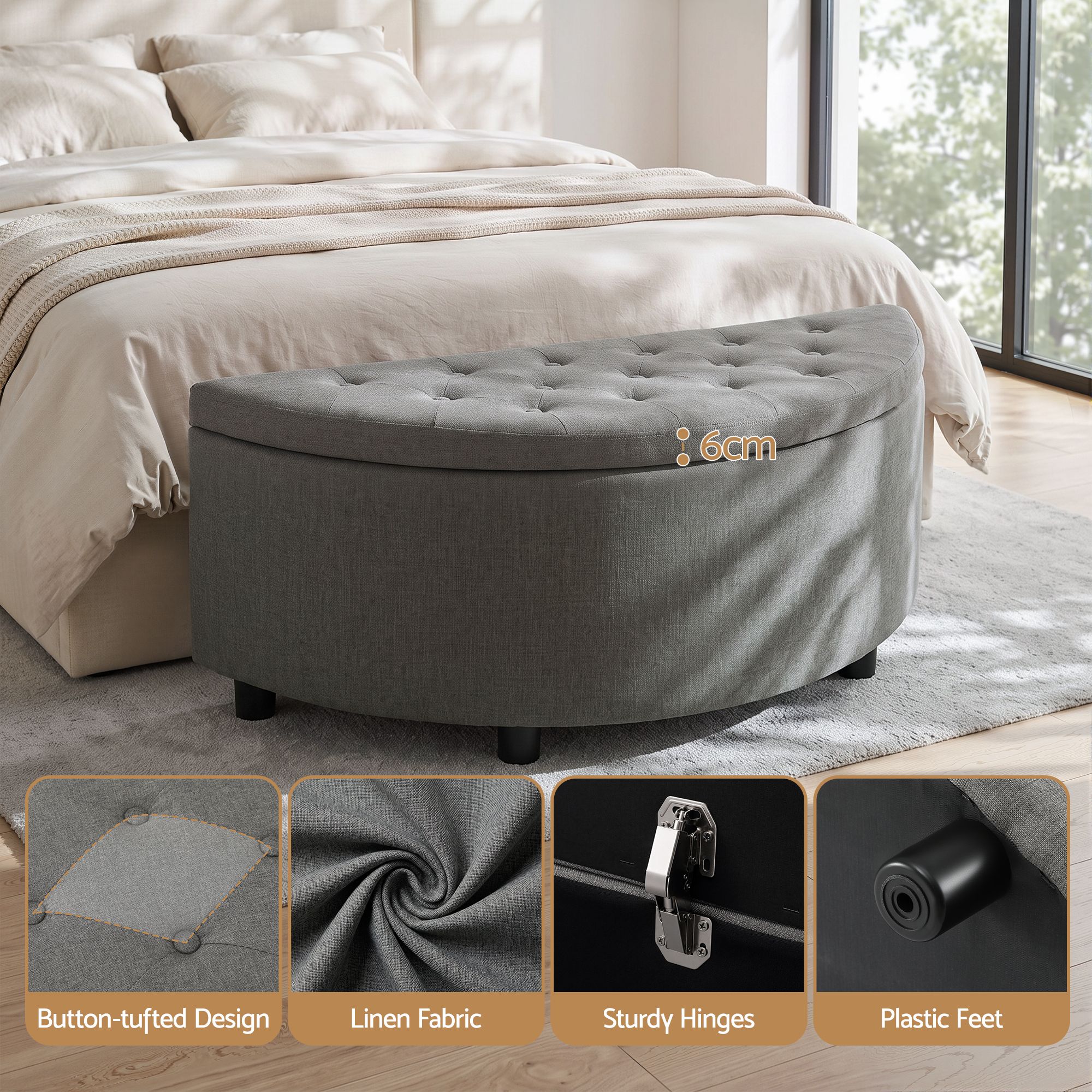 Storage Ottoman Bench Linen Fabric Tufted Half Round Footstool Grey