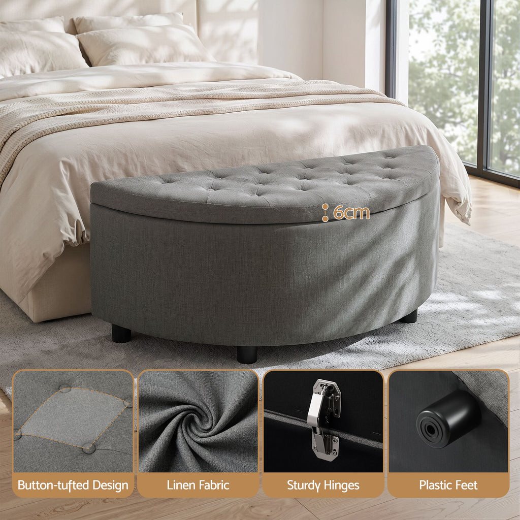 Storage Ottoman Bench Linen Fabric Tufted Half Round Footstool Grey