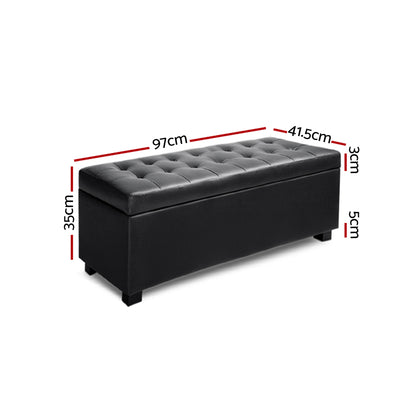 PU Leather Storage Ottoman - Black with tufted top, storage compartment, and short legs, ideal for bedroom furniture.