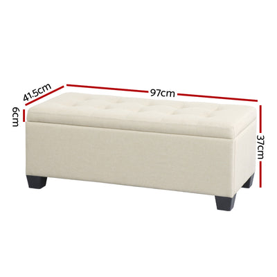 Large Fabric Storage Ottoman - Beige with tufted top, faux linen fabric, and black wooden legs for bedroom furniture.