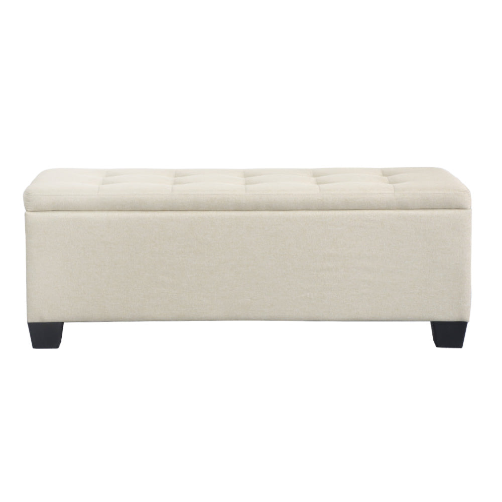 Large Fabric Storage Ottoman - Beige in faux linen with tufted top and wooden legs, ideal for bedroom furniture storage.