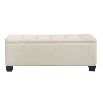 Large Fabric Storage Ottoman - Beige in faux linen with tufted top and wooden legs, ideal for bedroom furniture storage.