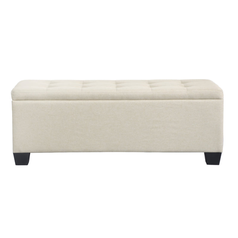 Large Fabric Storage Ottoman - Beige in faux linen with tufted top and wooden legs, ideal for bedroom furniture storage.