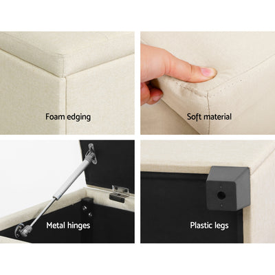 Detailed close-up of Large Fabric Storage Ottoman - Beige showing foam edging, soft fabric, metal hinges, and plastic legs
