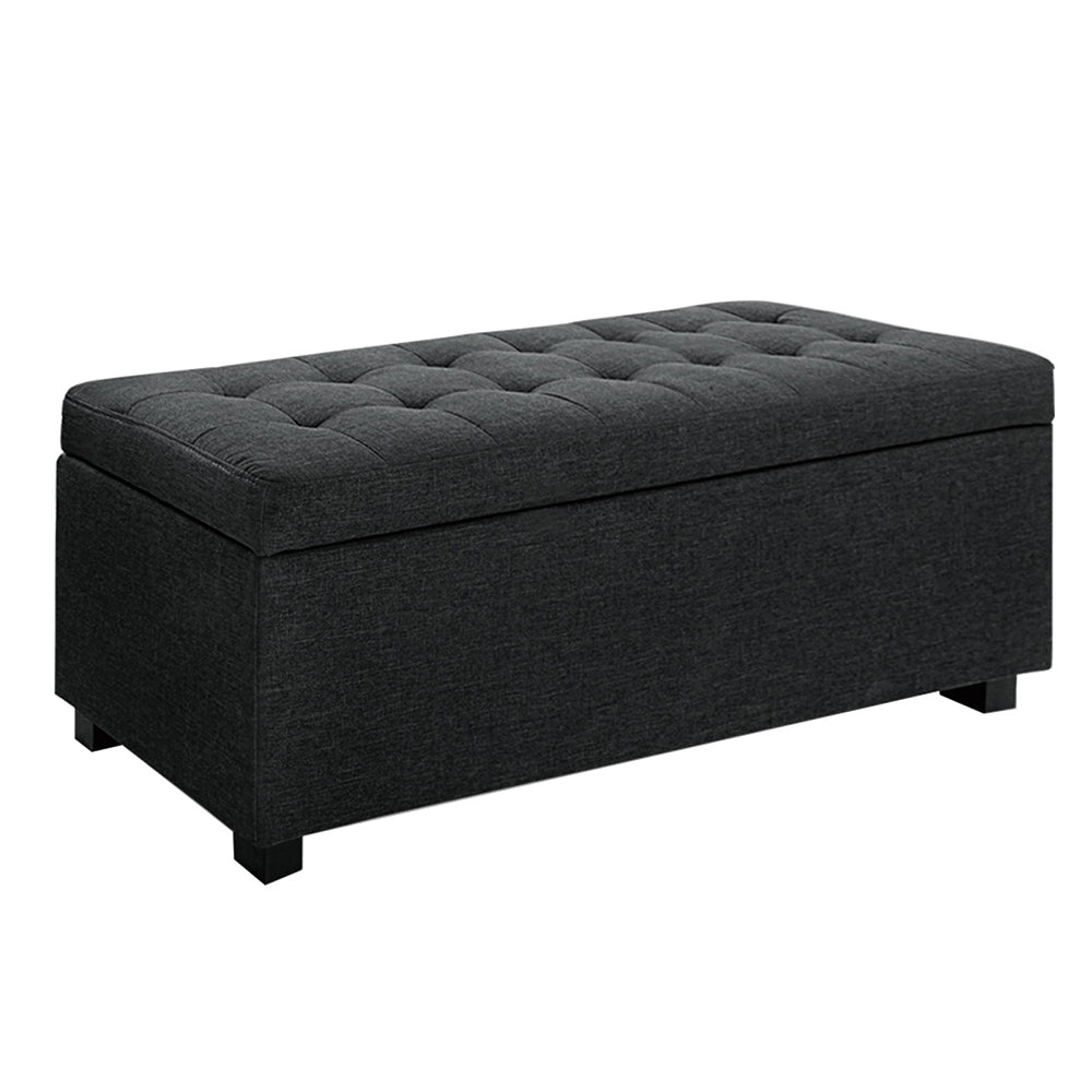 Premium Storage Ottoman - Charcoal with tufted faux linen fabric and storage space, ideal for bedroom furniture by Bedzy.