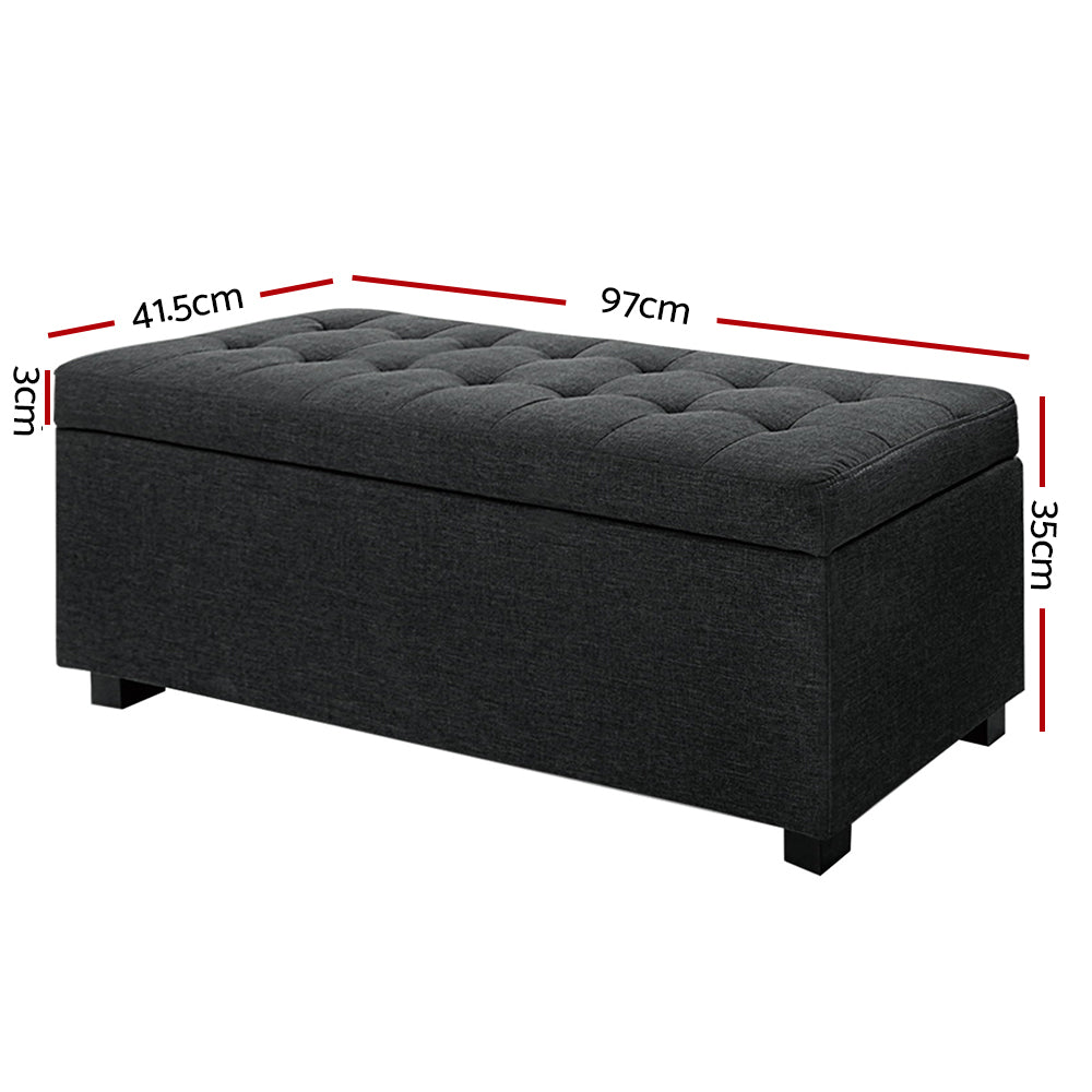 Premium Storage Ottoman - Charcoal in tufted faux linen fabric with dimensions labeled, designed for bedroom furniture.