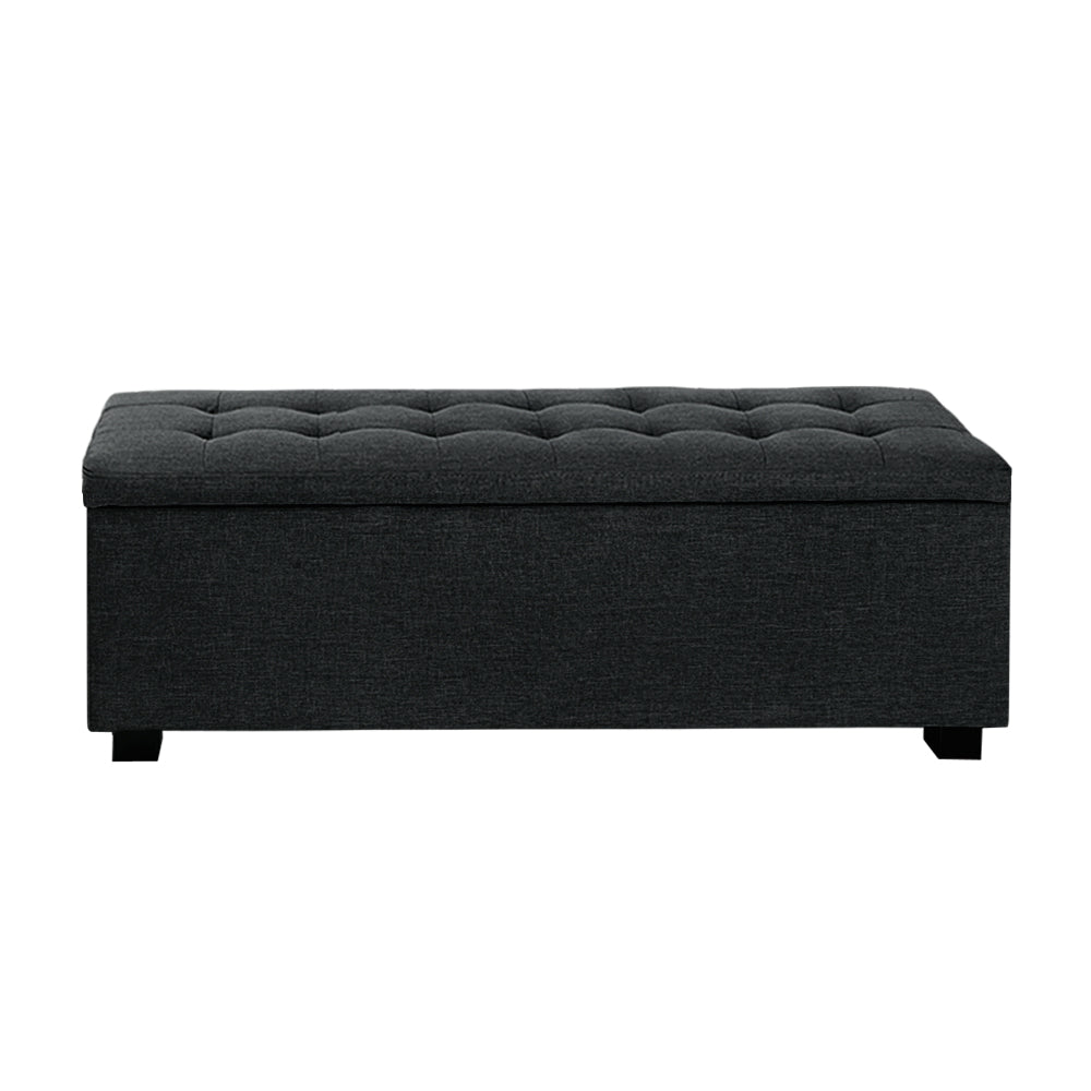 Premium Storage Ottoman - Charcoal with tufted faux linen fabric, storage compartment, and low black legs for bedroom furniture.