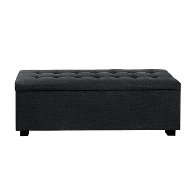 Premium Storage Ottoman - Charcoal with tufted faux linen fabric, storage compartment, and low black legs for bedroom furniture.