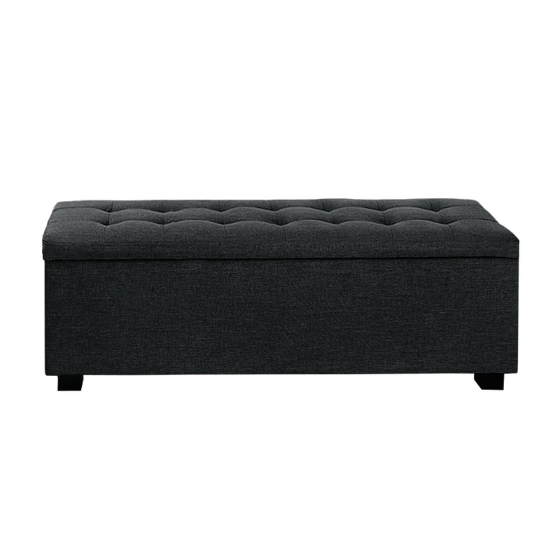 Premium Storage Ottoman - Charcoal with tufted faux linen fabric, storage compartment, and low black legs for bedroom furniture.