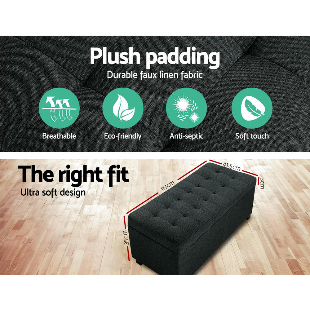 Premium Storage Ottoman - Charcoal with plush faux linen fabric, tufted top, eco-friendly and breathable for bedroom furniture.