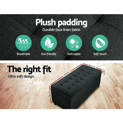 Premium Storage Ottoman - Charcoal with plush faux linen fabric, tufted top, eco-friendly and breathable for bedroom furniture.