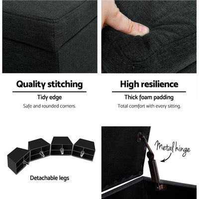 Close-up details of Premium Storage Ottoman - Charcoal showing stitching, foam padding, detachable legs, and metal hinge mechanism