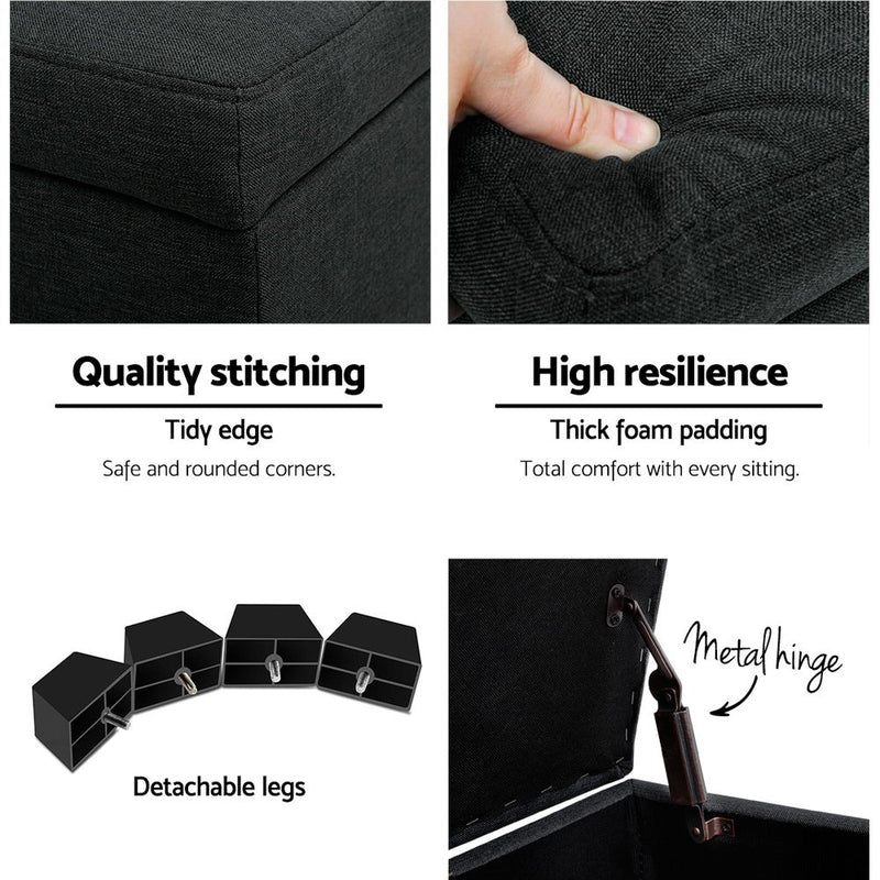 Close-up details of Premium Storage Ottoman - Charcoal showing stitching, foam padding, detachable legs, and metal hinge mechanism
