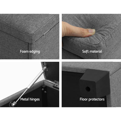Detailed close-up views of the Large Fabric Storage Ottoman - Grey showing foam edging, soft material, metal hinges, and floor protectors