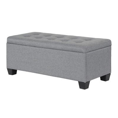 Large Fabric Storage Ottoman - Grey with tufted top and wooden legs, designed for bedroom furniture and storage use.