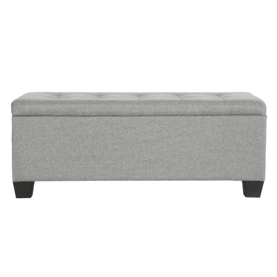 Large Fabric Storage Ottoman - Light Grey with tufted top and wooden legs, a stylish storage solution for bedroom furniture.