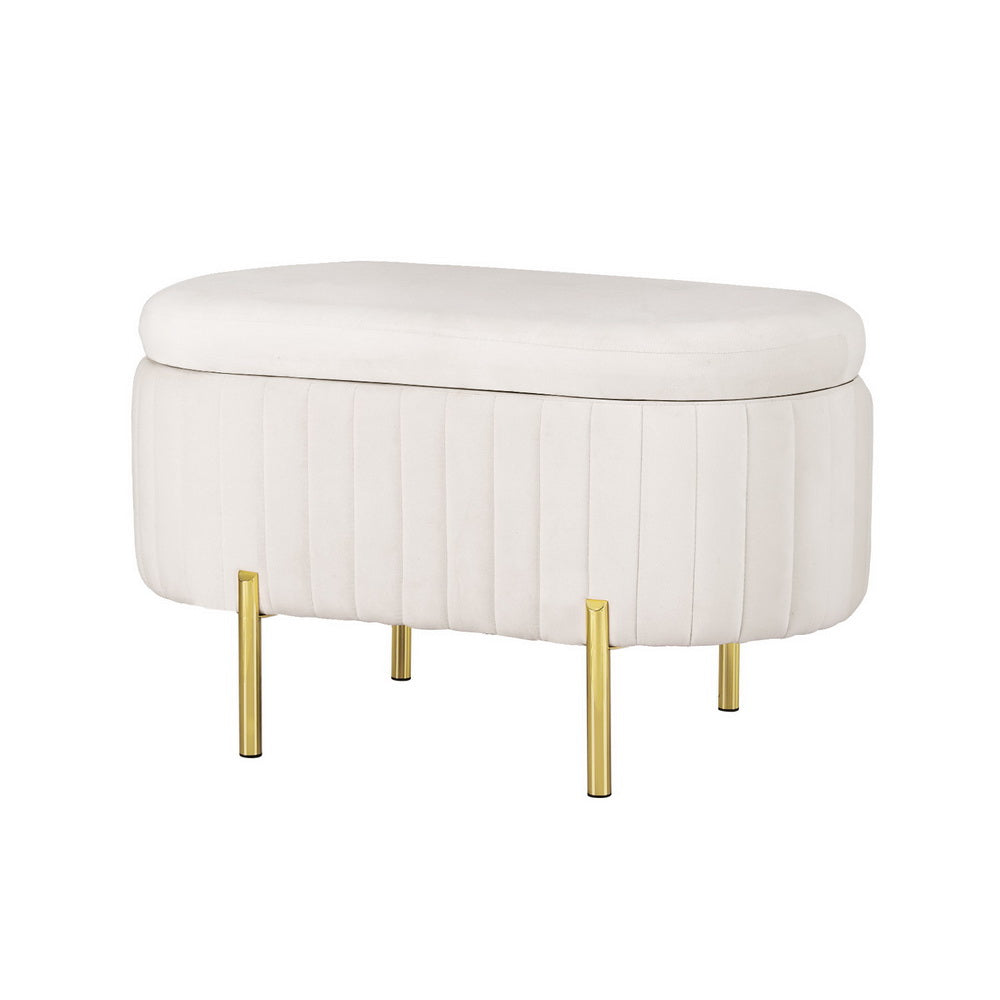 Storage Ottoman Blanket Box 87cm Velvet Oval White with vertical stitching and gold metal legs for bedroom furniture