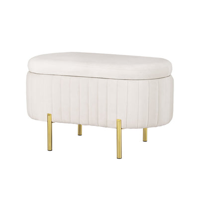Storage Ottoman Blanket Box 87cm Velvet Oval White with vertical stitching and gold metal legs for bedroom furniture