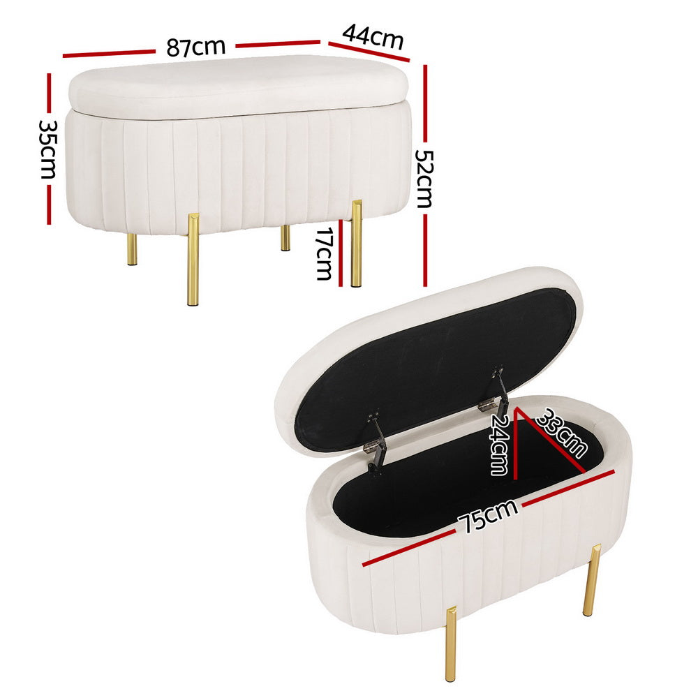 Storage Ottoman Blanket Box 87cm Velvet Oval White with gold legs, upholstered in soft velvet, shown closed and open with storage space visible