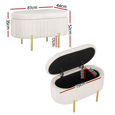 Storage Ottoman Blanket Box 87cm Velvet Oval White with gold legs, upholstered in soft velvet, shown closed and open with storage space visible