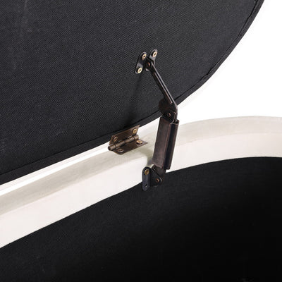 Storage Ottoman Blanket Box 87cm Velvet Oval White showing metal hinge and black fabric interior lining.
