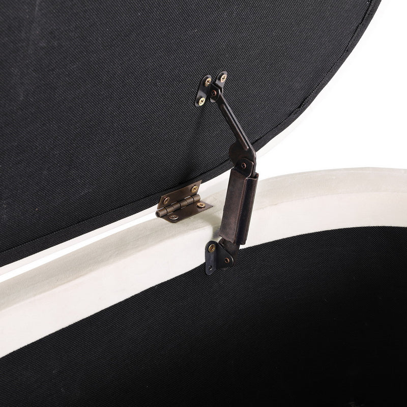 Storage Ottoman Blanket Box 87cm Velvet Oval White showing metal hinge and black fabric interior lining.