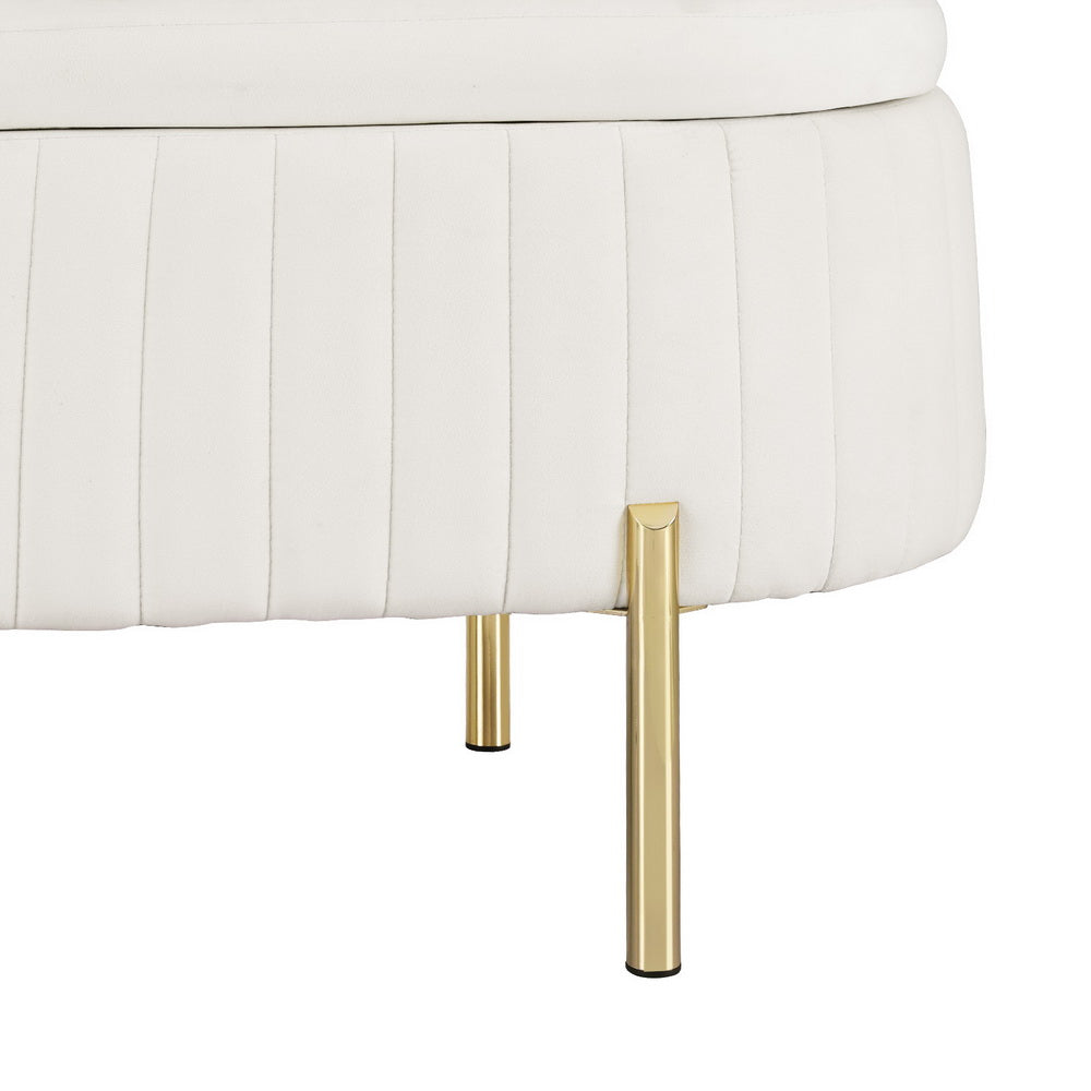 Close-up of Storage Ottoman Blanket Box 87cm Velvet Oval White showing vertical stitching and gold metal legs on white background