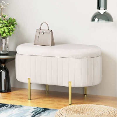 Storage Ottoman Blanket Box 87cm Velvet Oval White with gold legs in a modern bedroom setting
