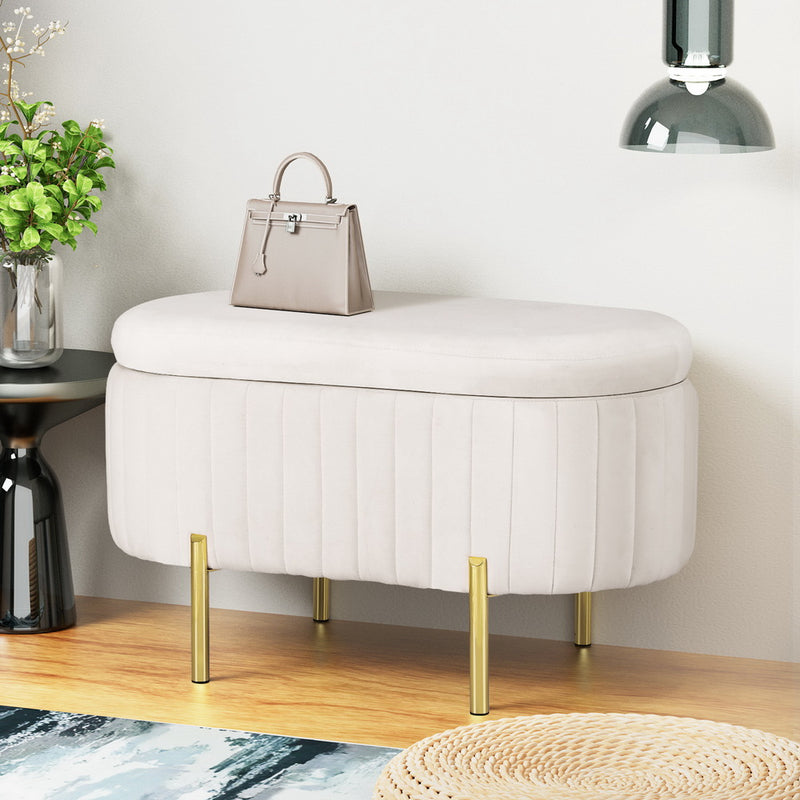 Storage Ottoman Blanket Box 87cm Velvet Oval White with gold legs in a modern bedroom setting