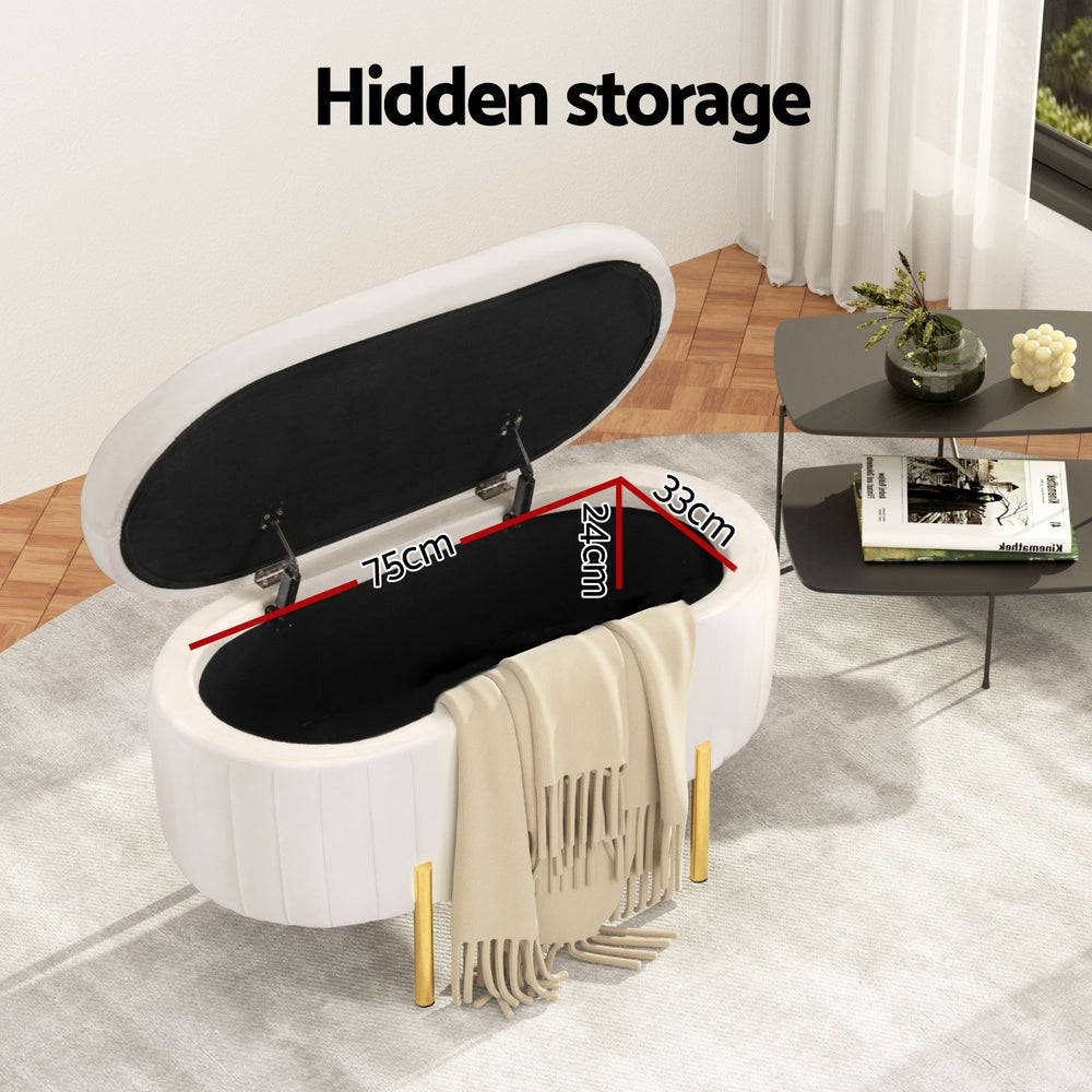 Storage Ottoman Blanket Box 87cm Velvet Oval White with plush velvet, hidden storage, and gold-toned metal legs in bedroom setting