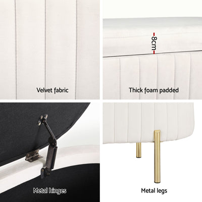 Storage Ottoman Blanket Box 87cm Velvet Oval White with velvet fabric, thick foam padding, metal hinges, and gold metal legs