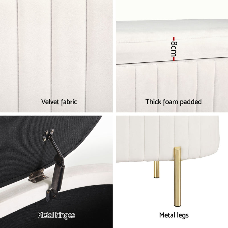 Storage Ottoman Blanket Box 87cm Velvet Oval White with velvet fabric, thick foam padding, metal hinges, and gold metal legs