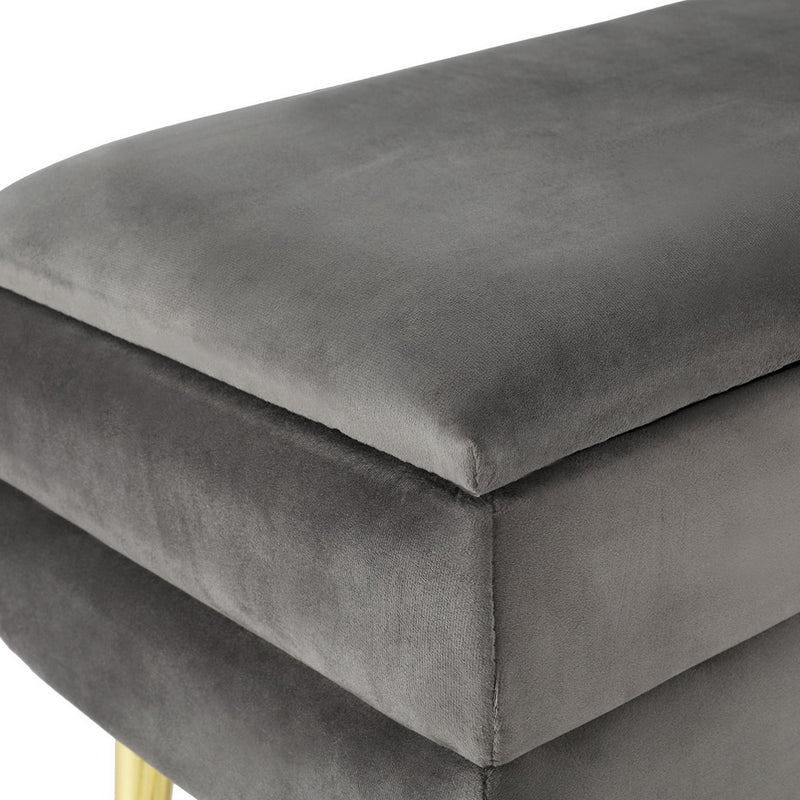 Ottoman Storage Foot Stool Velvet Grey with plush velvet upholstery and gold metal legs, ideal for bedroom furniture and indoor use