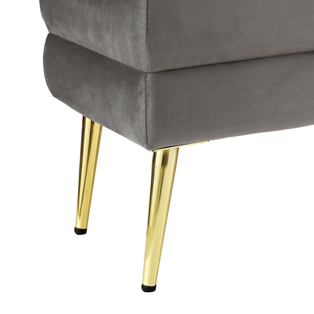 Close-up of Ottoman Storage Foot Stool Velvet Grey showing plush velvet upholstery and sleek gold metal legs on white background