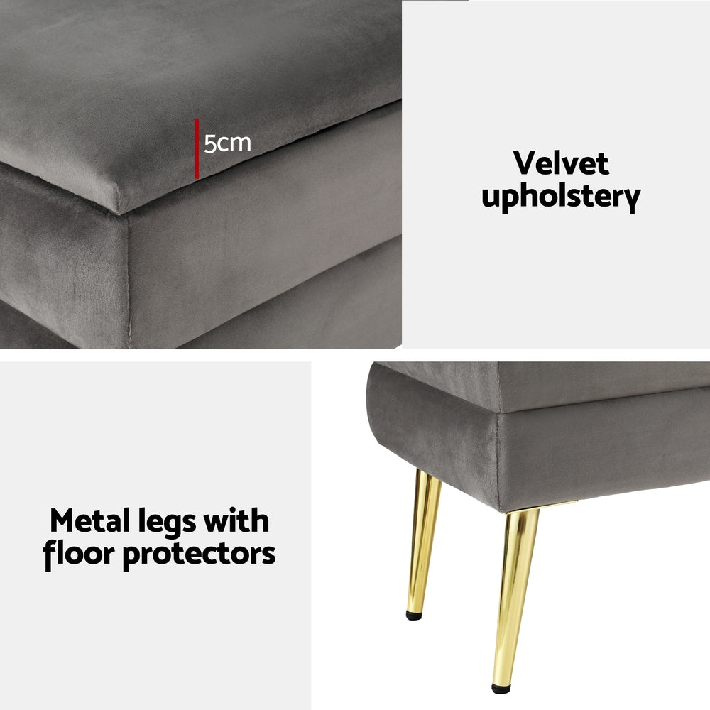 Ottoman Storage Foot Stool Velvet Grey with plush velvet upholstery, gold metal legs, and floor protectors for bedroom furniture.