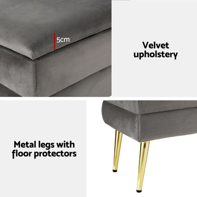 Ottoman Storage Foot Stool Velvet Grey with plush velvet upholstery, gold metal legs, and floor protectors for bedroom furniture.