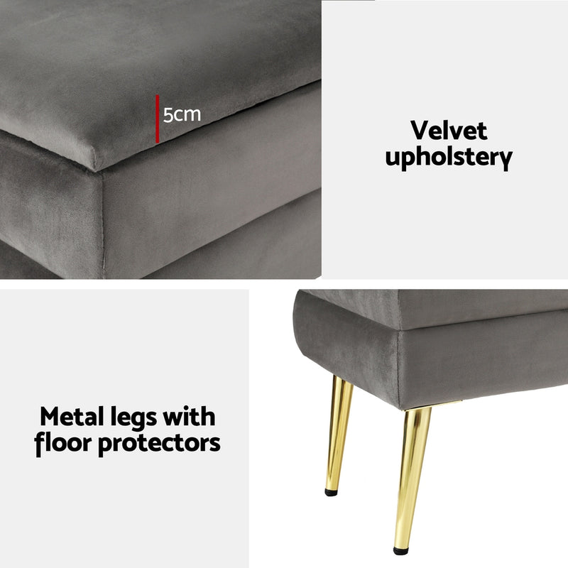 Ottoman Storage Foot Stool Velvet Grey with plush velvet upholstery, gold metal legs, and floor protectors for bedroom furniture.