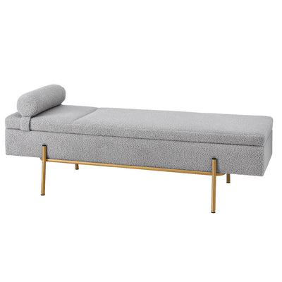 Storage Ottoman Bed 140cm Pillow Foot Stool in gray fabric with gold metal legs and cushioned pillow for bedroom furniture.