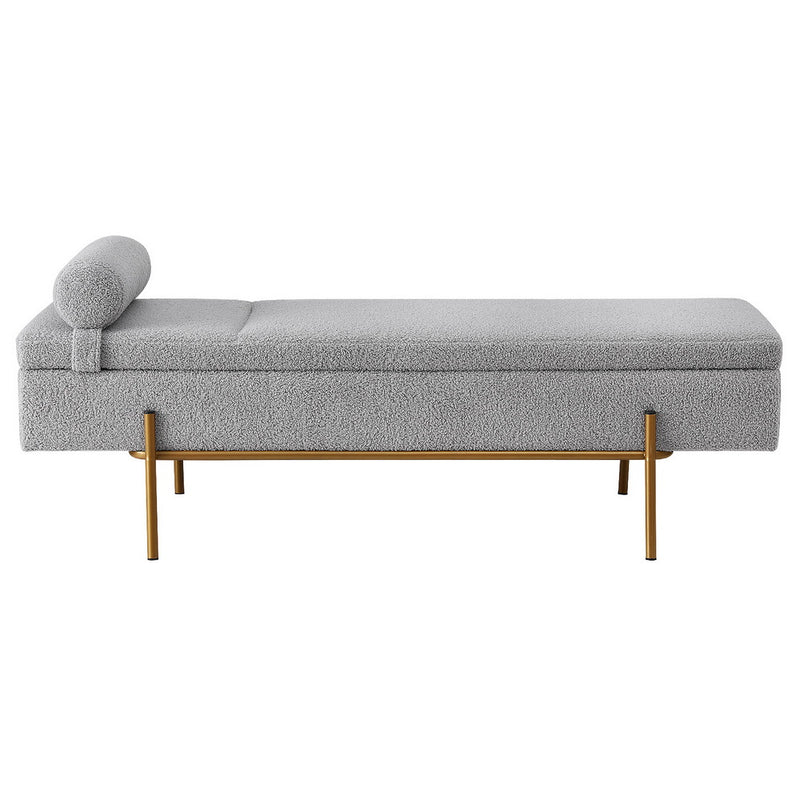 Storage Ottoman Bed 140cm Pillow Foot Stool in gray fabric with cylindrical pillow and gold metal legs, bedroom furniture piece