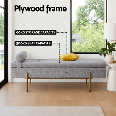 Storage Ottoman Bed 140cm Pillow Foot Stool with gray fabric, gold legs, and detachable pillow in bright room setting