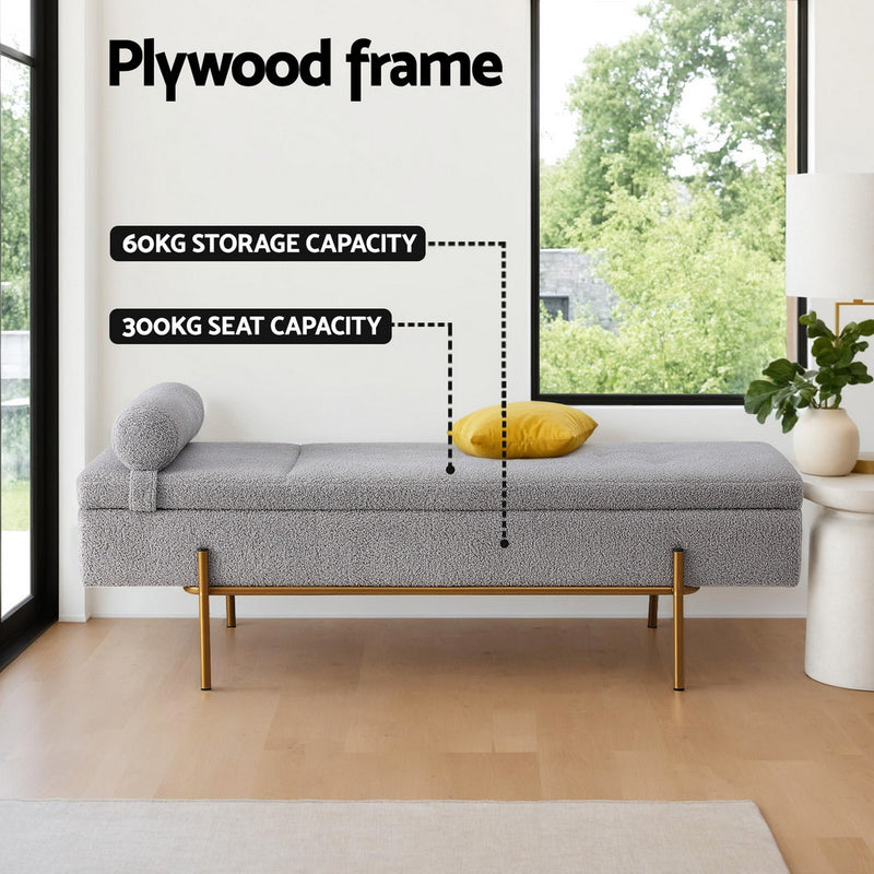 Storage Ottoman Bed 140cm Pillow Foot Stool with gray fabric, gold legs, and detachable pillow in bright room setting