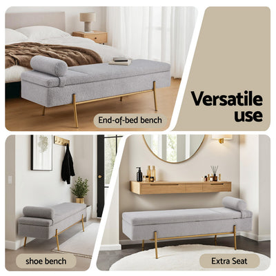 Storage Ottoman Bed 140cm Pillow Foot Stool in gray fabric with gold legs shown as end-of-bed bench, shoe bench, and extra seat