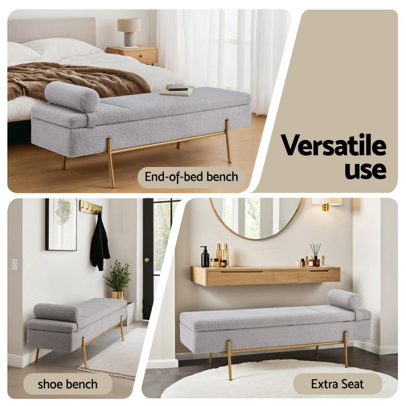 Storage Ottoman Bed 140cm Pillow Foot Stool in gray fabric with gold legs shown as end-of-bed bench, shoe bench, and extra seat