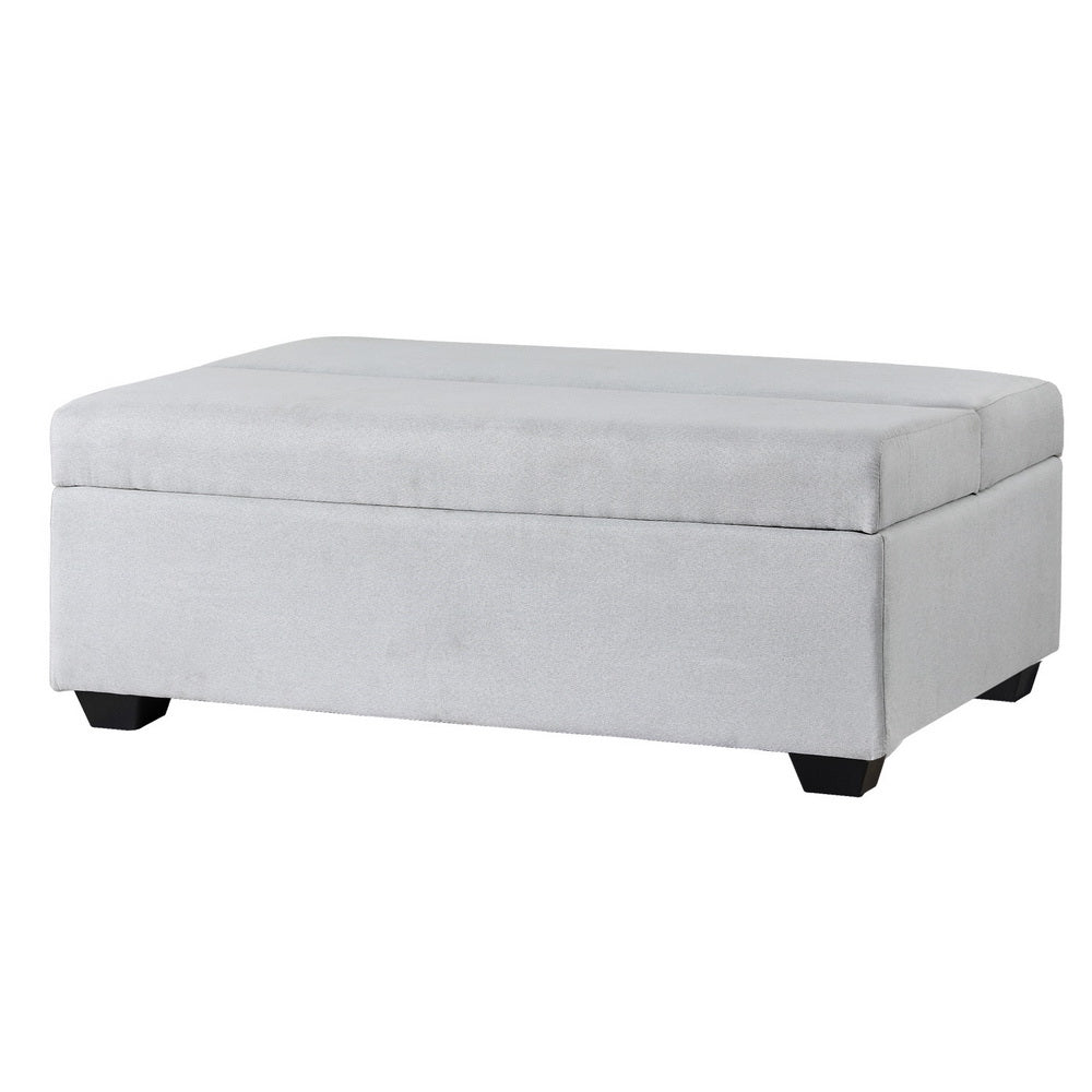 Ottoman Storage Sofa Bed 112cm Foldable Grey with linen upholstery and black block legs, ideal for storage and guest bedroom furniture
