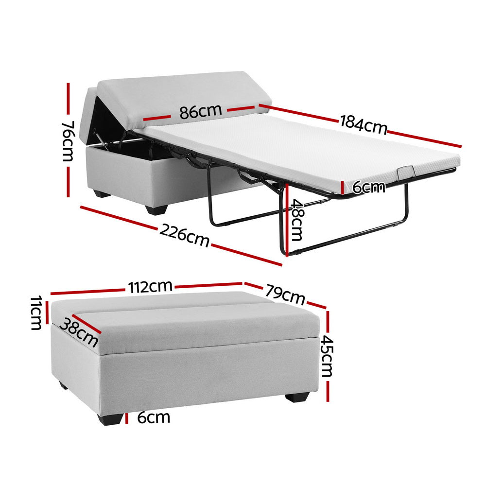 Ottoman Storage Sofa Bed 112cm Foldable Grey with linen upholstery and fold-out bed frame with dimensions shown
