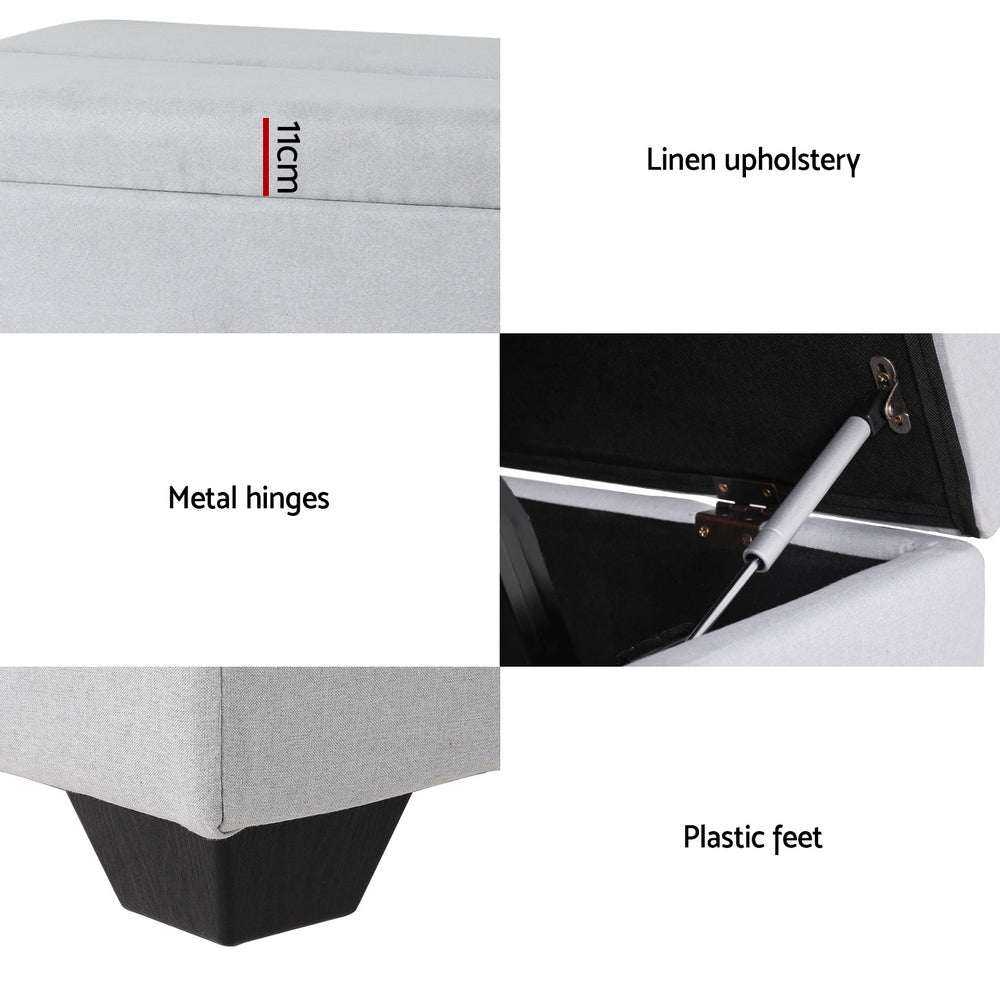 Ottoman Storage Sofa Bed 112cm Foldable Grey with linen upholstery, metal hinges, and plastic feet details close-up