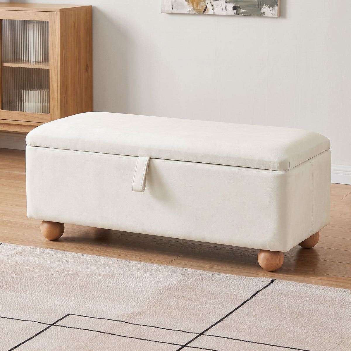 Storage Ottoman Velvet Blanket Box Hidden Bench 97cm - Beige