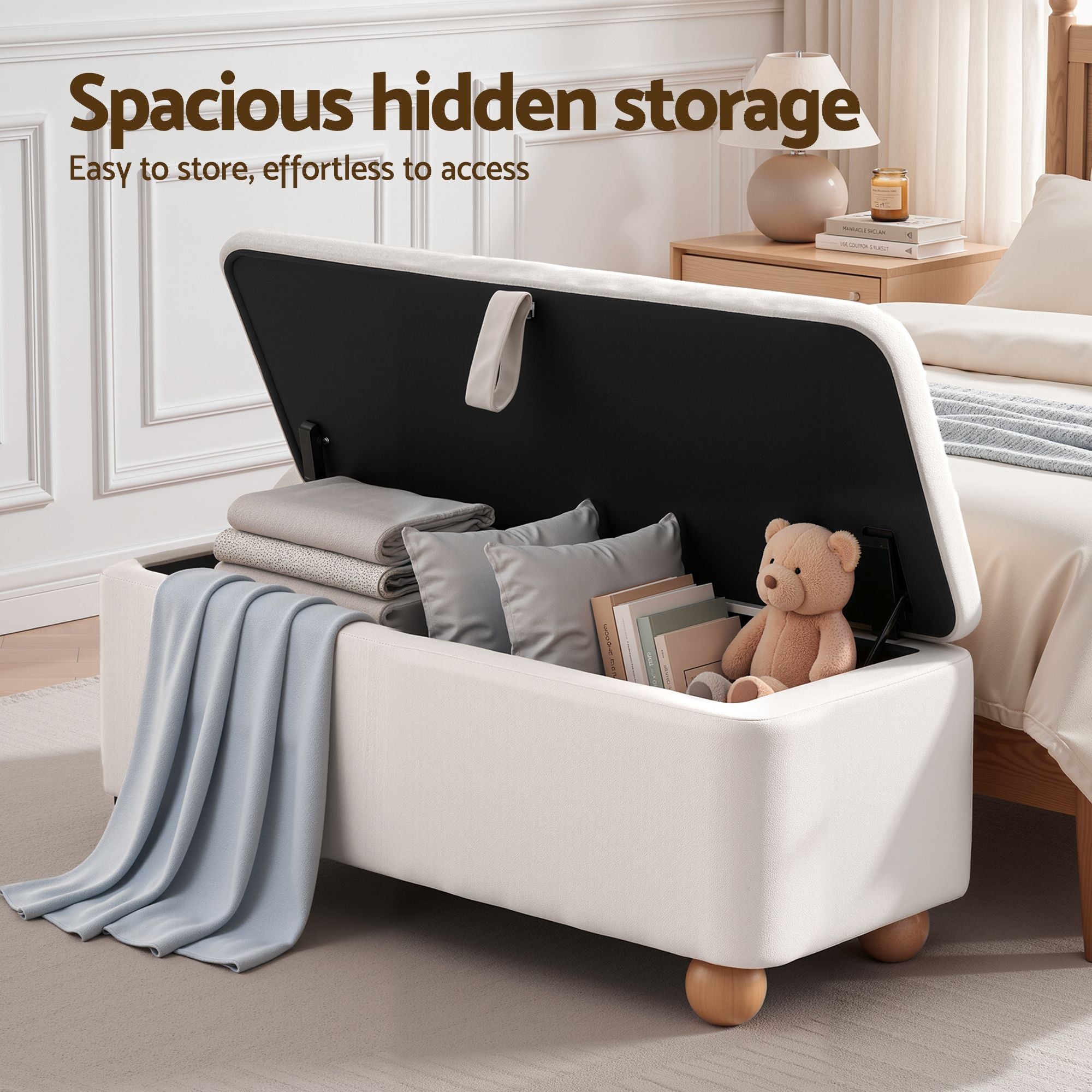 Storage Ottoman Velvet Blanket Box Hidden Bench 97cm - Beige
