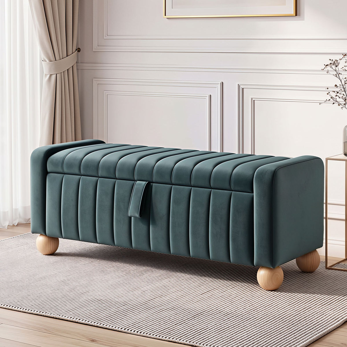 Storage Ottoman Bench with Velvet Upholstery and Ball Feet - Green